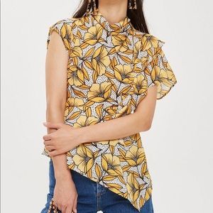 Asymmetric yellow floral satin top